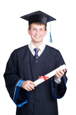 Happy smiling graduate guy with diploma isolated clipart