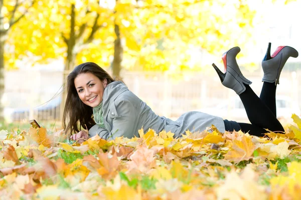 Chica estudiante feliz acostado en hojas de otoño con netbook —  Fotos de Stock