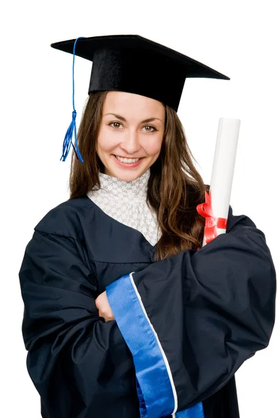 Happy smiling graduate girl with diploma isolated — Stock Photo, Image