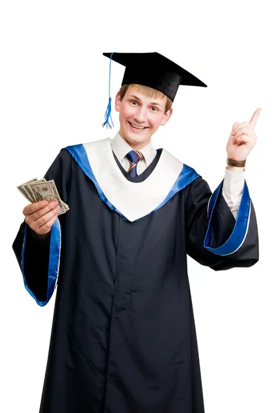 Sorridente studente laureato in mantello con i soldi — Foto Stock