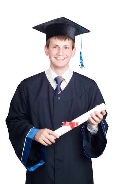 Heureux sourire diplômé gars avec diplôme isolé — Photo