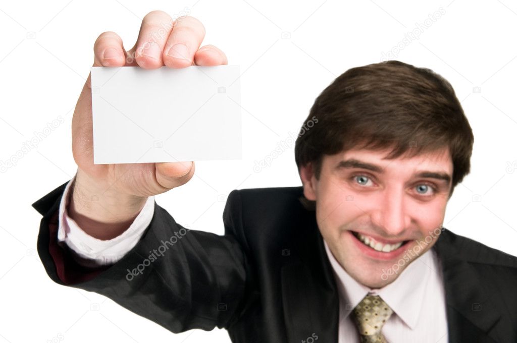 Cheerful man with business card