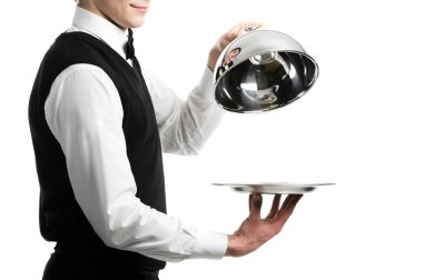 Hands of waiter with cloche lid cover clipart