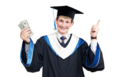 Smiley graduate student in cloak with money clipart