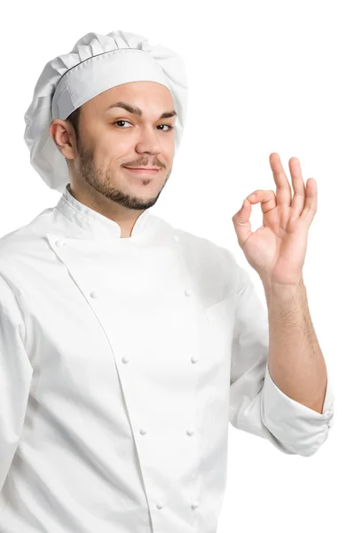 Pozytywne kucharz z ok znak na białym tle — Zdjęcie stockowe