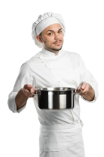 Chef com panela de cozinha de metal isolado — Fotografia de Stock