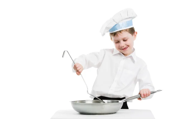 Chef with pan and trowel isolated — Stock Photo, Image
