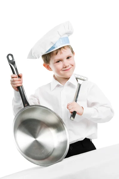 Шеф-кухар з сковородою і кельмою ізольовані — стокове фото