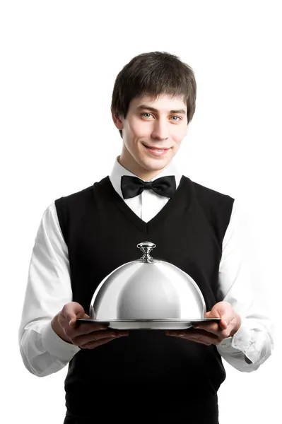 Счастливый официант с крышкой из сгустка — стоковое фото