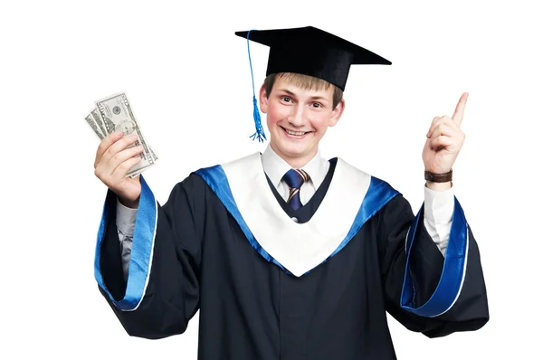 Smiley étudiant diplômé en cape avec de l'argent — Photo
