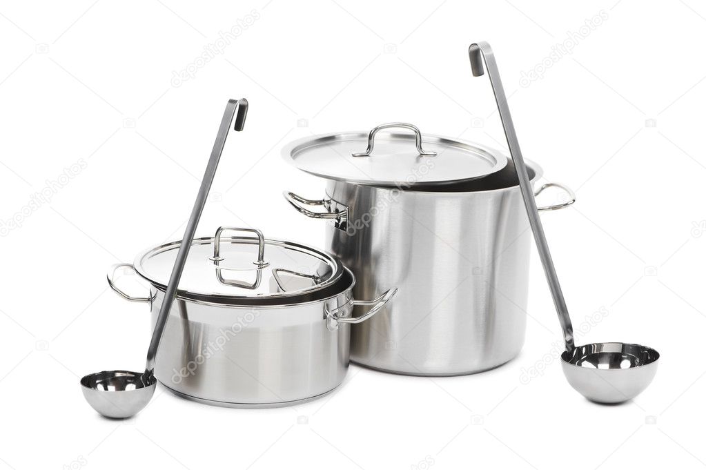 Two steel pots with laddles