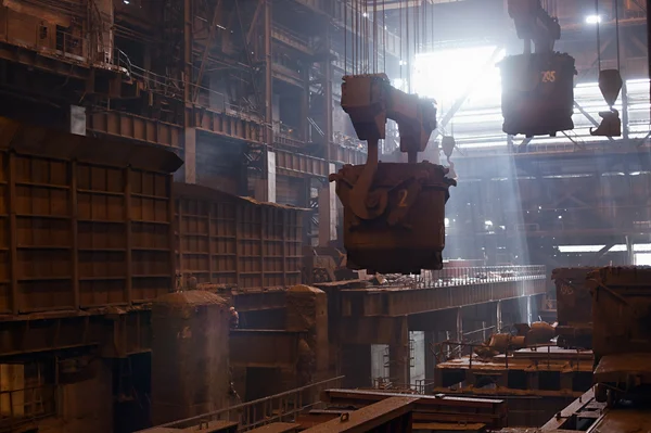 stock image Steelmaking ladles on crane hanging on steel mill