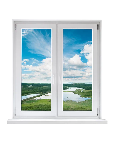 Białe plastikowe drzwi dwuskrzydłowe okno z widokiem — Zdjęcie stockowe