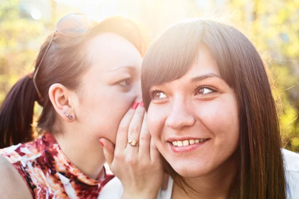Young beautiful woman whispers something to girlfriend in her ear — Stock Photo, Image