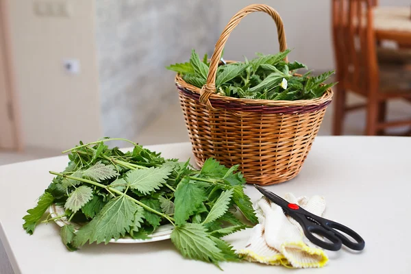 Fresh gathered nettles in a wicker basket on the table in the kitchen — Stock Photo, Image