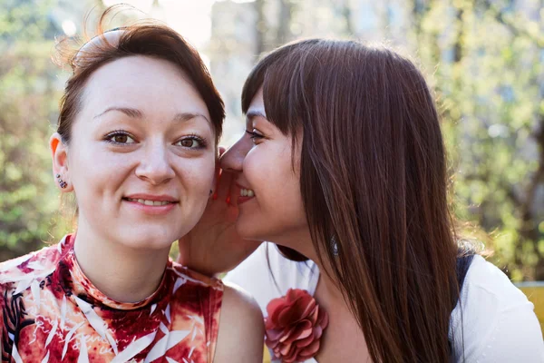 Young beautiful woman whispers something to girlfriend in her ear — Stock Photo, Image