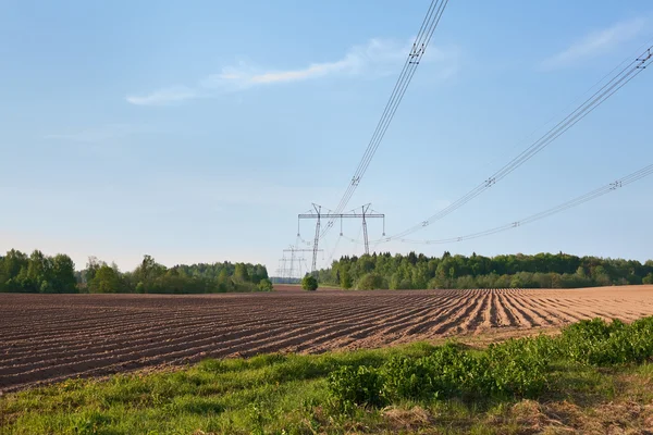 Campo agrícola con cables eléctricos colgando de las columnas — Foto de Stock