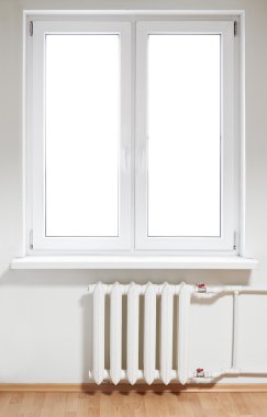 White plastic double door window with radiator under it clipart