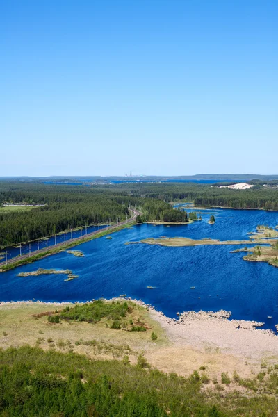 Panorama of lakes and woods of Karelia republic, Russia. Railway line. Top — Stock Photo, Image
