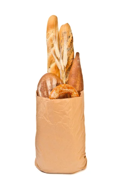 Papír porzsák, különböző fajta kenyér — Stock Fotó