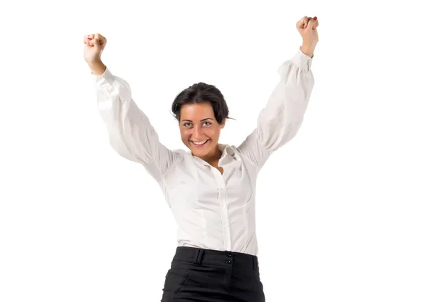 Happy young dark haired business woman with hands up — Stock Photo, Image