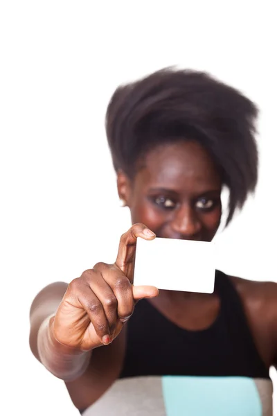 Belle femme noire montrant le panneau d'affichage Blanck — Photo