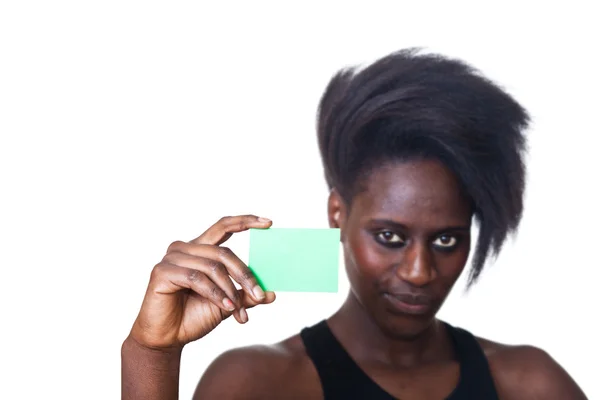 Belle femme noire montrant le panneau d'affichage Blanck — Photo