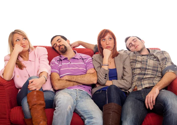 Annoiato ragazze mentre uomo dormire su divano — Foto Stock