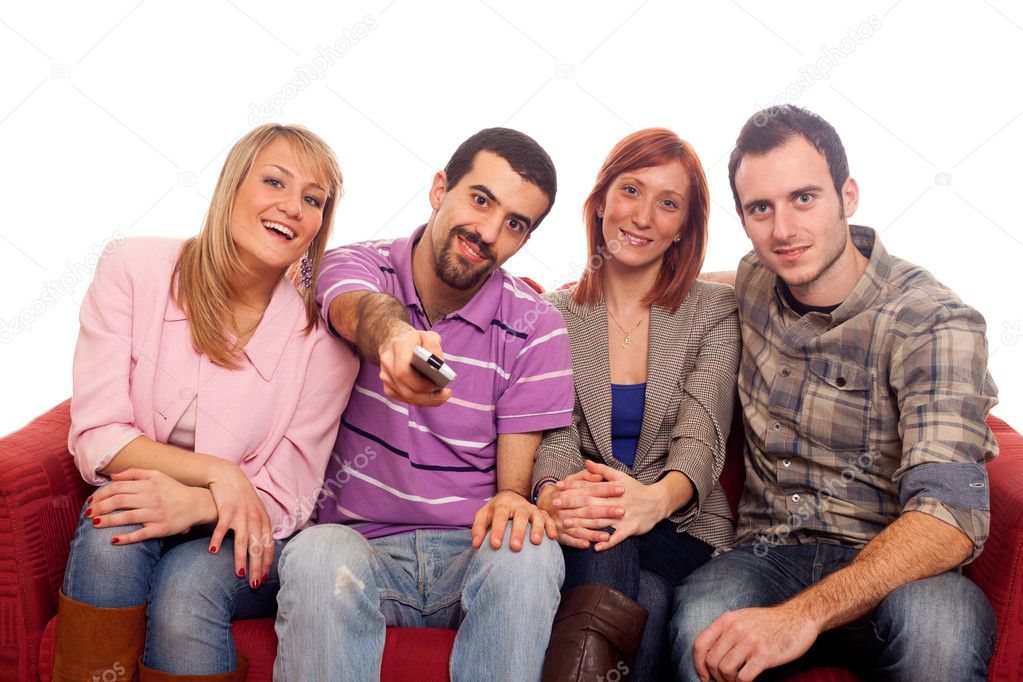 Young Group Watching TV on Sofa