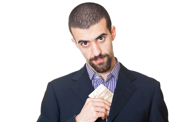 Hombre de negocios corrupto ocultando billetes —  Fotos de Stock