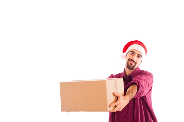 Young Man with Christmas Hat and Empty Box — Stock Photo, Image