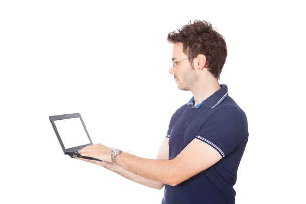 Homem segurando Netbook com tela em branco — Fotografia de Stock