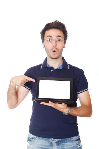 Hombre sosteniendo Netbook con pantalla en blanco —  Fotos de Stock