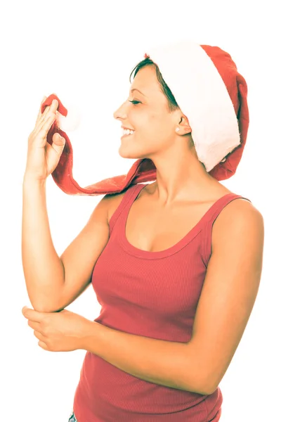 Mujer sexy con sombrero de Santa y regalos de Navidad — Foto de Stock