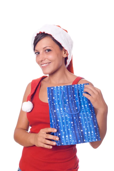 性感的女人与圣诞老人帽子和圣诞礼物 — 图库照片