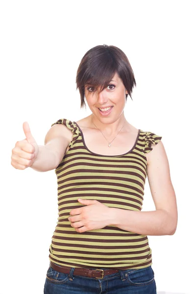 Молодая женщина показывает пальцем вверх — стоковое фото