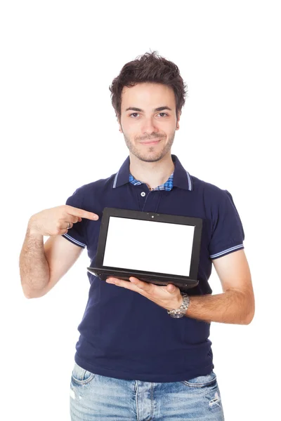 Człowiek posiadający netbook rezygnować pusty ekran — Zdjęcie stockowe