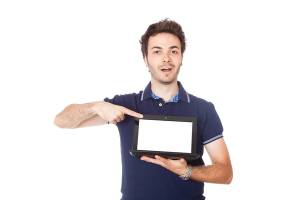 Hombre sosteniendo Netbook con pantalla en blanco — Foto de Stock