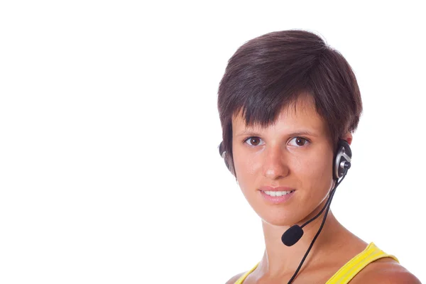 Wesoły recepcjonistka z zestawu słuchawkowego — Zdjęcie stockowe