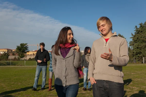 高校学生走路和说话在公园 — Stockfoto