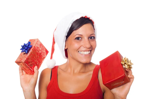 Donna sexy con cappello di Babbo Natale e regali di Natale — Foto Stock