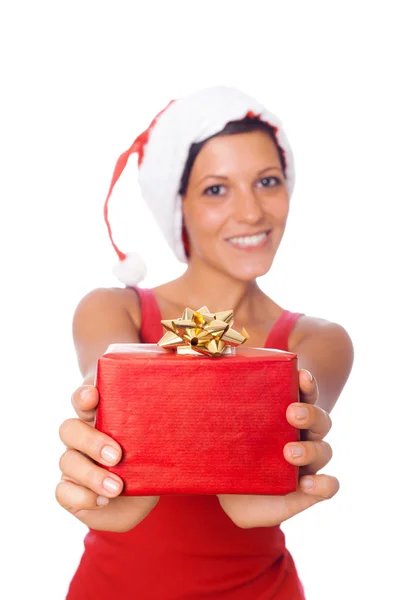 Mulher sexy com chapéu de Santa e presentes de Natal — Fotografia de Stock