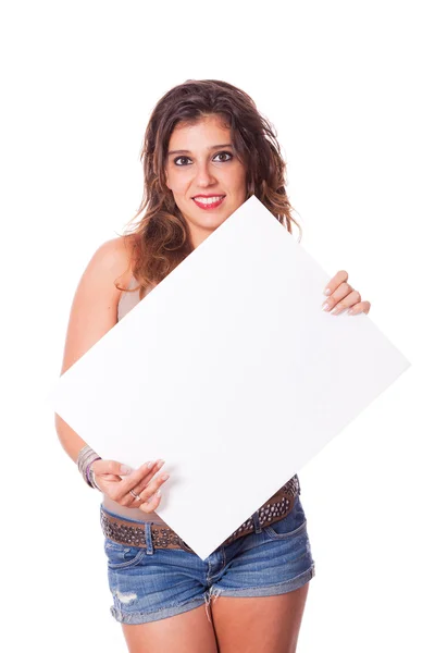 Młoda kobieta trzymająca ślepą tablicę — Zdjęcie stockowe