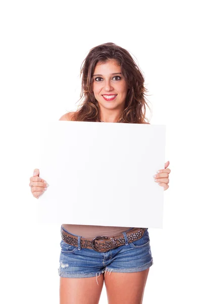 Jeune femme tenant un tableau blanc — Photo