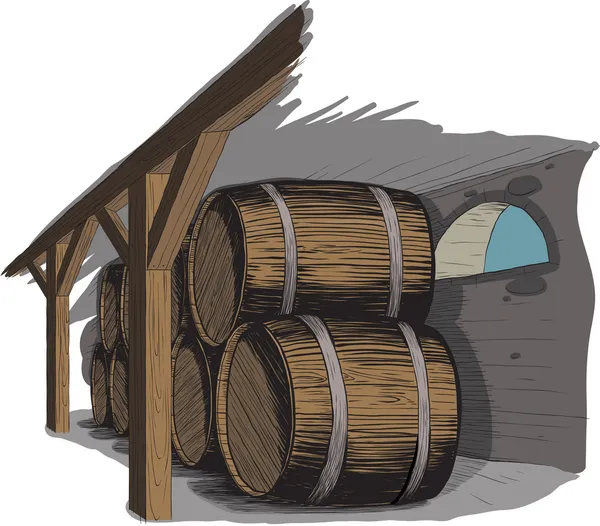 Antigua bodega con filas de barricas — Vector de stock