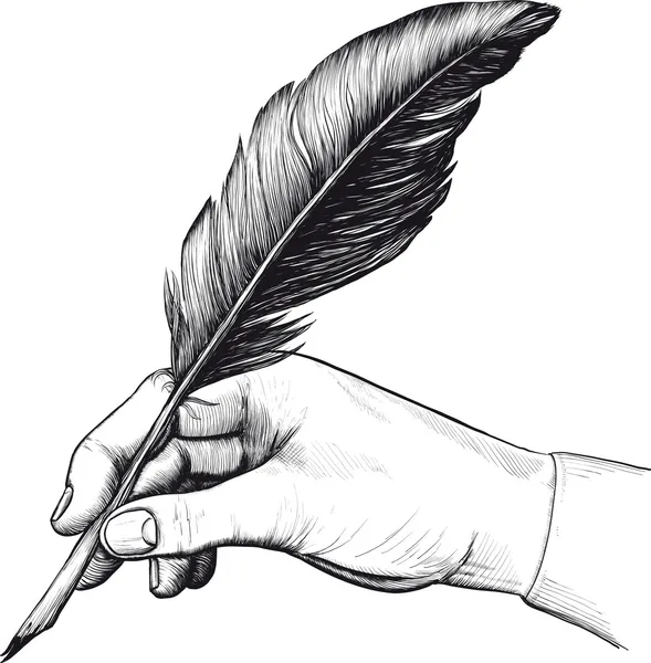 Drawing of hand with a feather pen — Stock Vector