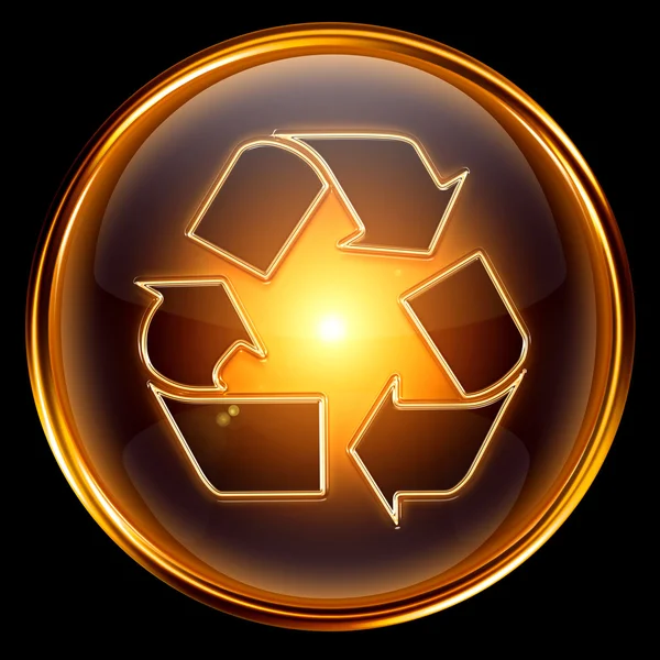 Recycling symbool pictogram goud, geïsoleerd op zwarte achtergrond. — Stockfoto
