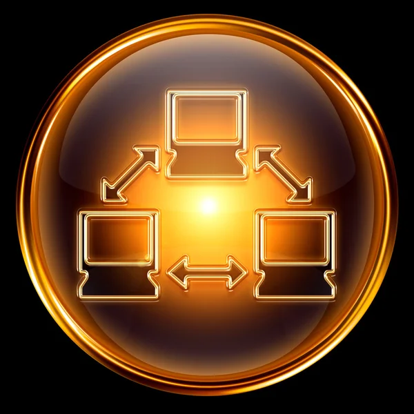 Netzwerk-Symbol golden, isoliert auf schwarzem Hintergrund. — Stockfoto