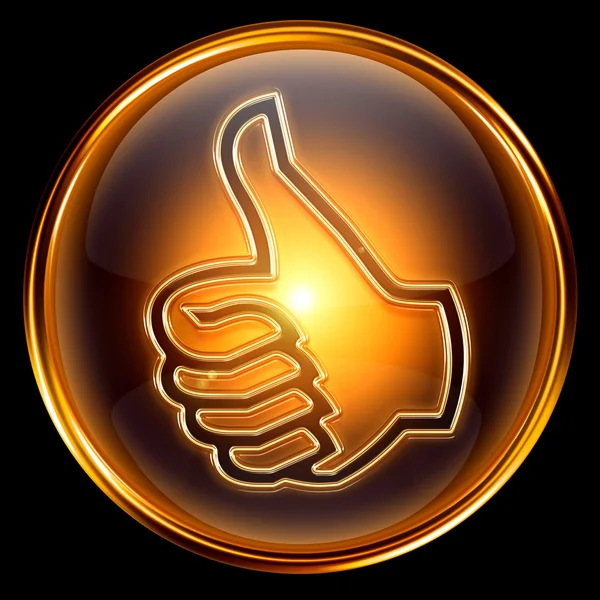 Thumb up ícone dourado, isolado no fundo preto — Fotografia de Stock