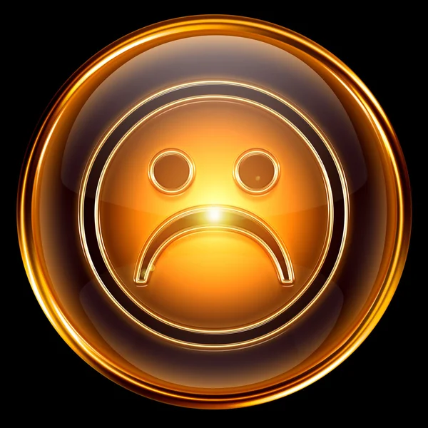 Smiley ícone insatisfeito dourado, isolado no fundo preto . — Fotografia de Stock